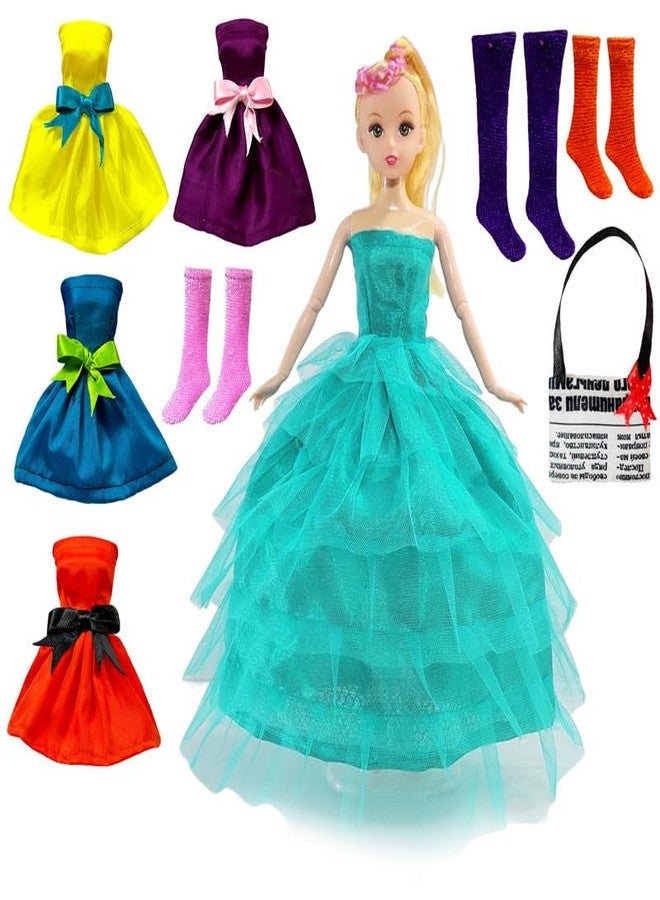 BABRO - Cute Face Doll Set for Girls, Full Foldable Doll with Bluish Green Frock, 4 Doll Dresses, 3 Pair Doll Socks and 1 Bag - Image 2